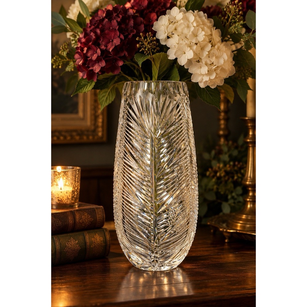 Palm Fern Cut Crystal Vase 10" Clear Heavy Waterford Style Vintage